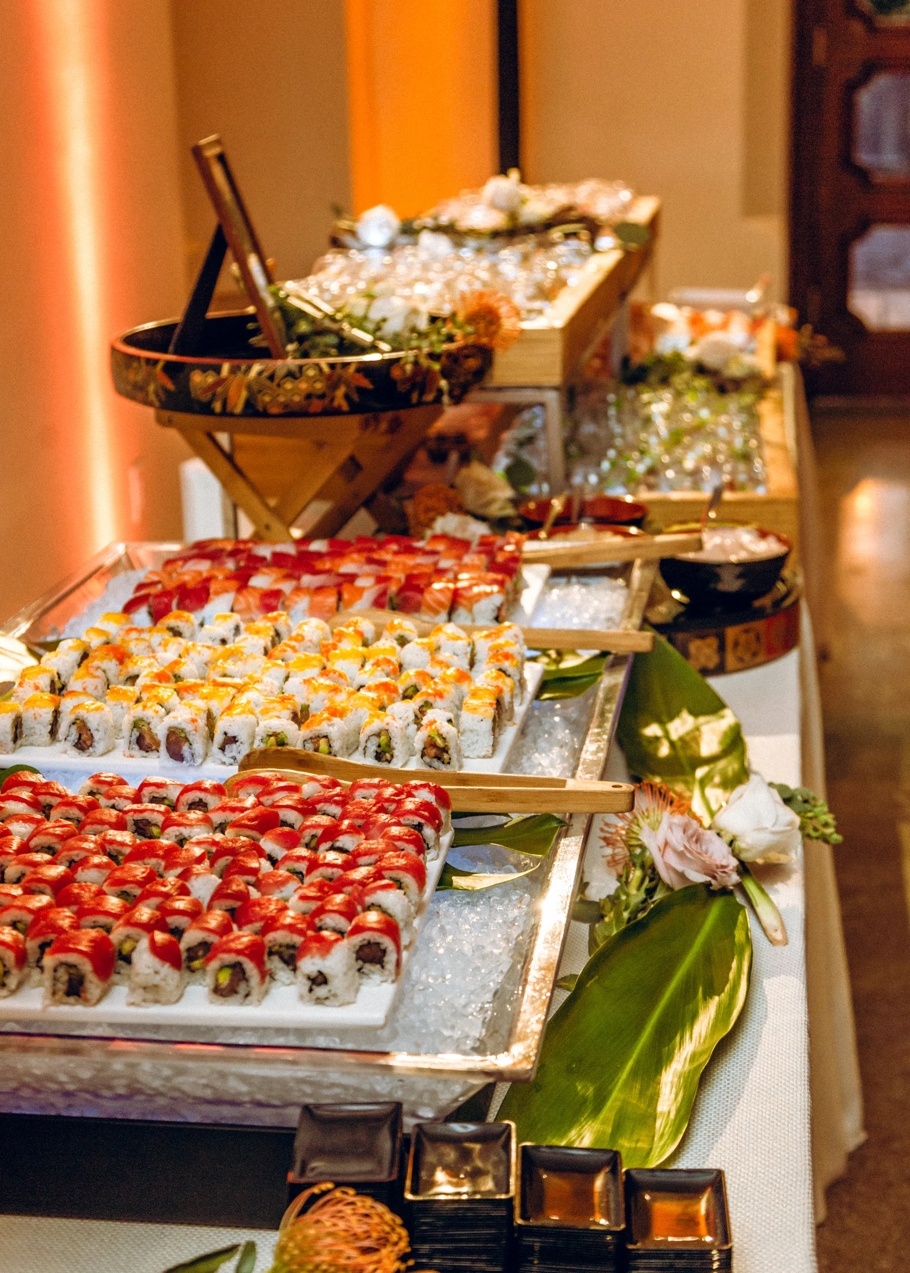 Sushi catering spread at an event