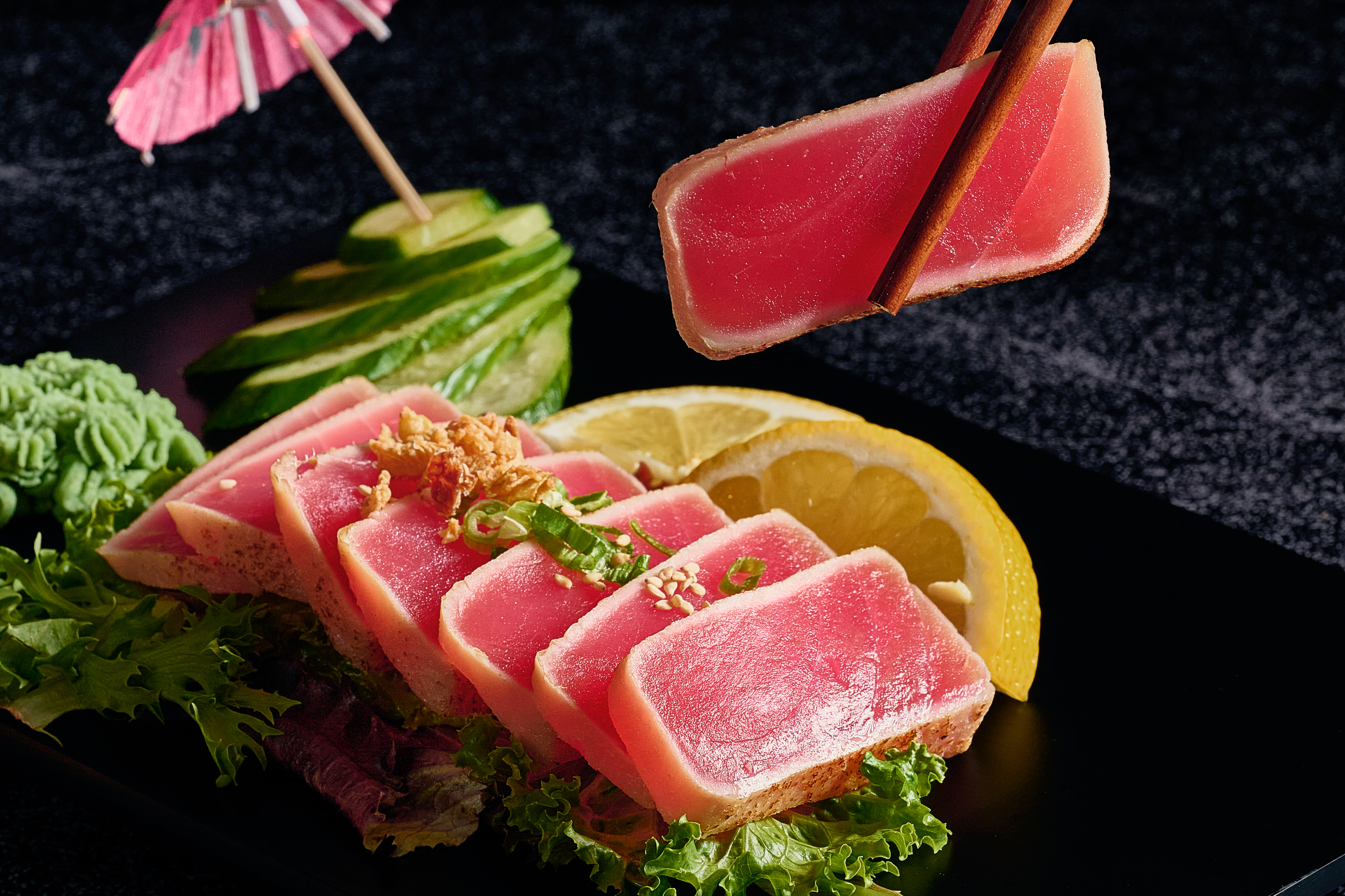 Sushi served on a wooden tray